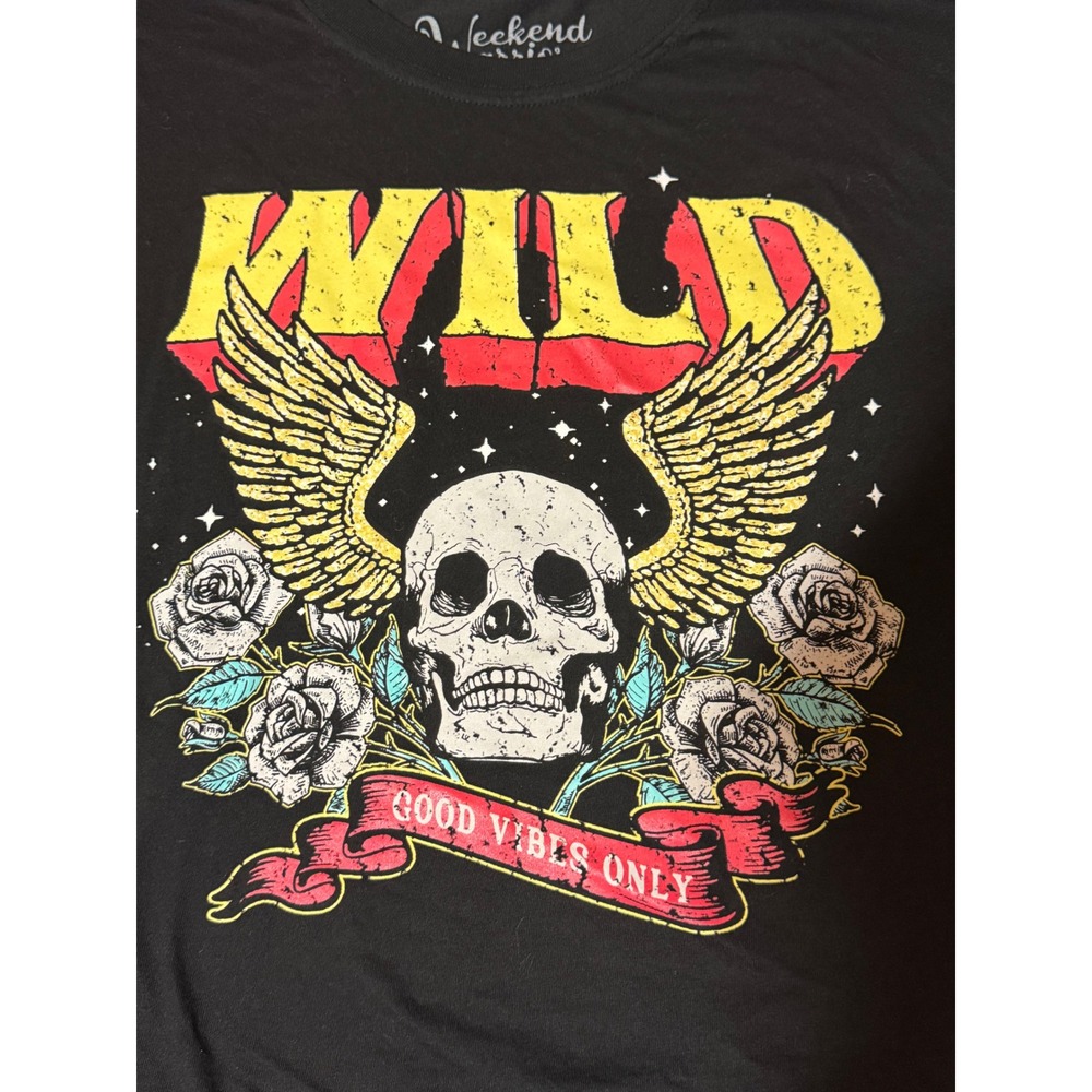 Weekend Warriors Wild Skull Graphic Crop Top Black Medium Good Vibes Only Tee - Picture 6 of 6
